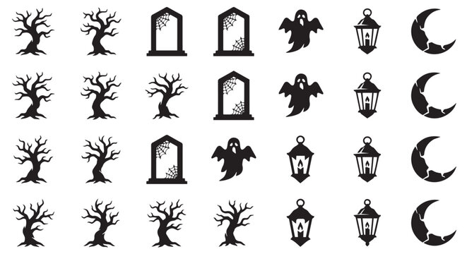 Halloween themed vector illustrations featuring trees doorways ghosts lanterns and crescent moons illustration spooky ghost tree bare doorway archway