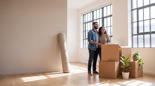 Young couple moving into a new home, standing in an empty apartment with cardboard boxes, a rolled rug, and potted plants, contemplating their future in a bright
