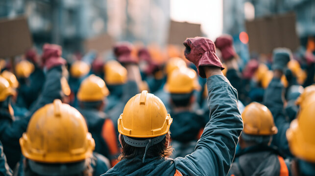 Rallying for Change: A crowd of workers in hard hats and work gloves raise their fists in solidarity, a powerful display of collective action and protest.