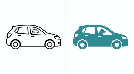 Naklejka premium Two stylized car icons featuring a dog looking out the window in outline and solid styles.