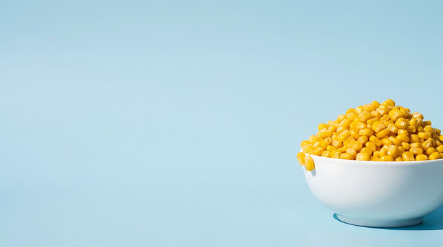 Healthy organic yellow corn kernels in a white ceramic bowl placed against a solid light blue background for food photography
