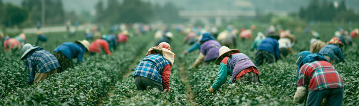 Harvest Harmony: A wide shot of a farm field, where numerous agricultural workers are bent over, diligently harvesting crops under the sun, creating a scene of communal labor and agricultural bounty.