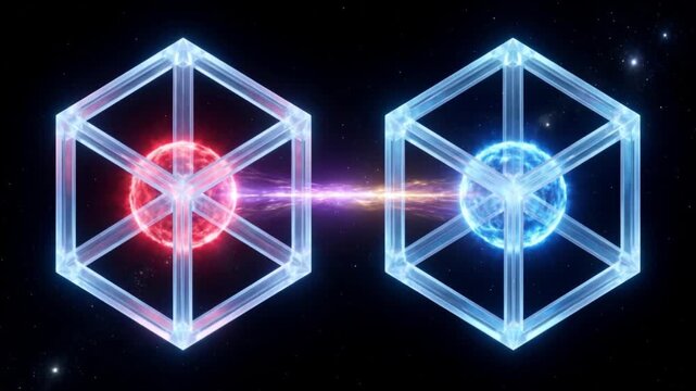 無重力空間で青と赤の量子球がテレポーテーションにより入れ替わるサイエンスCG