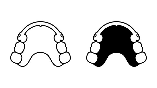 Partial Denture Icon: A simple line illustration of a partial denture, showing its metallic frame and tooth replacements, placed next to its black filled version.