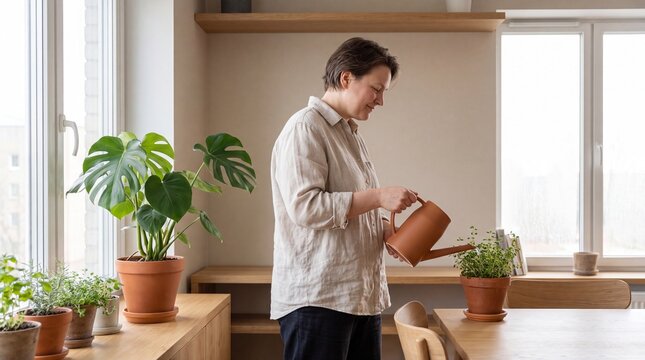 Woman watering indoor plants, a serene home gardening scene, nurturing green houseplants in terracotta pots, natural light, sustainable living.
