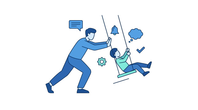 Father pushing child on swing, family fun, childhood memories