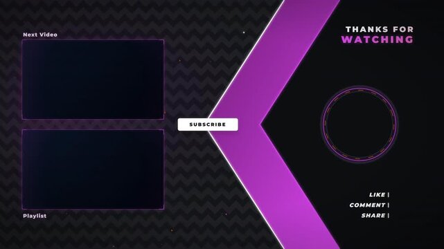 Modern purple neon end screen template for video content creators with subscribe button and social media call to action.