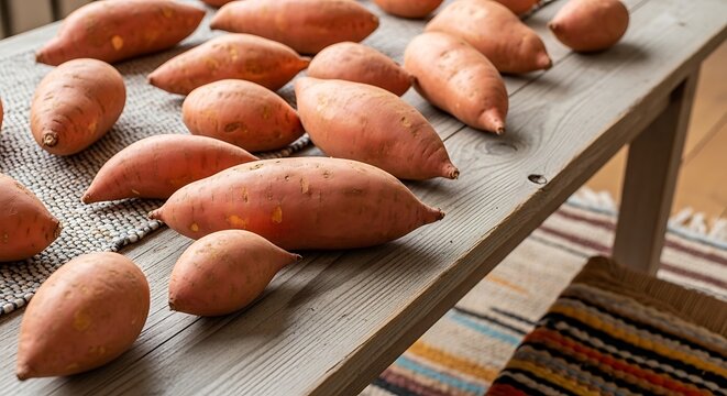 Fresh Orange Sweet Potatoes Arranged on Rustic Wooden Table Indoors