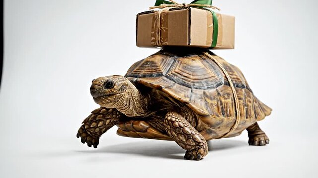 A tortoise carefully walks with a gift box on its shell indoors.