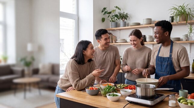 Diverse friends cooking together in a modern kitchen, happy multi-ethnic group preparing healthy food, joyful culinary experience, shared meal preparation, home cooking lifestyle.
