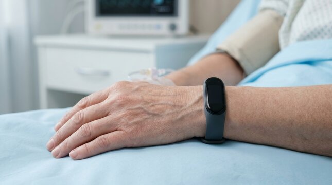 Elderly Patient's Wrist Wearing Smart Band in Hospital Bed