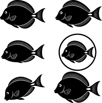 Scopas Tang Silhouette Icon Set Black Vector Surgeonfish Collection Isolated on White Background