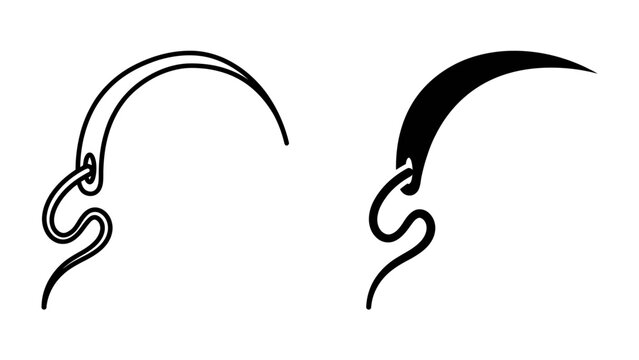 Surgical Suture Icons: Two simplified graphical representations of a surgical suture, one in outline and the other in solid black, showcasing a needle with attached thread.