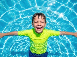 Obraz premium Smiling boy in bright swim shirt floating on his back in clear swimming pool water, arms outstretched, wet hair, sunlit ripples and reflections around him