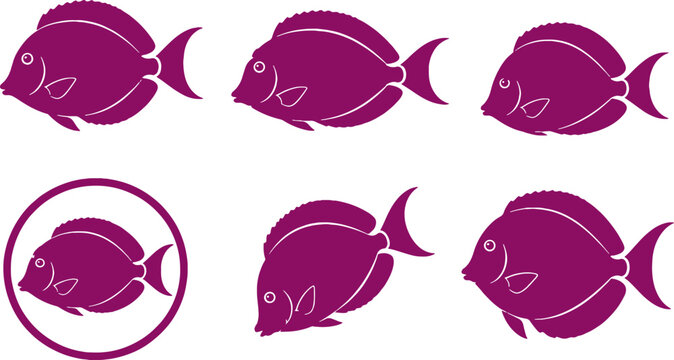 Tomini Tang Fish Black Silhouette Icon Set Collection Marine Tropical Reef Vector Illustration