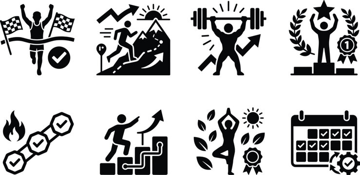Fitness Goal Achievement and Habit Streak Tracking Icon Set Featuring Athletics Weightlifting Yoga and Wellness Milestones