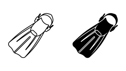 Flippers in Outline and Silhouette: A pair of swim fins, one depicted in an outline and the other in solid black silhouette, showcasing the essential gear for aquatic activities. © Md