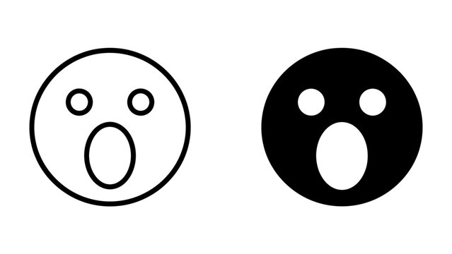 Surprised Face Icon: A simple graphic illustration of a face expressing surprise, depicted in both outline and solid black styles for versatility.