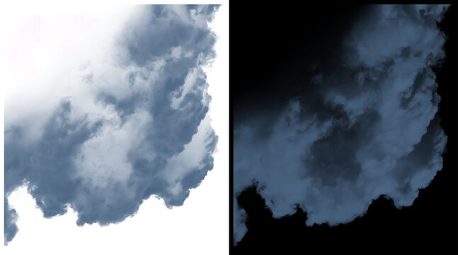 Dramatic storm clouds with alpha channel, dark blue thundercloud texture on white and black backgrounds, moody atmospheric smoke and vapor effect