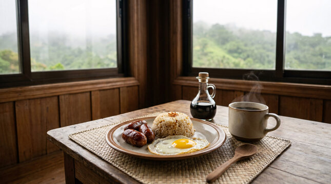 Filipino longganisa breakfast with garlic rice, fried egg, coffee, and misty green window view
