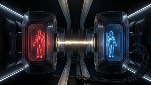 カプセル内の男女のシルエットとシンボルがエネルギーとして入れ替わる物理学実験のサイエンスCG