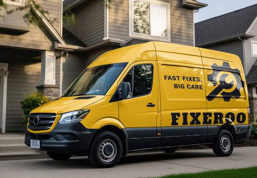Yellow Delivery Van Mockup Parked In Suburban Neighborhood PSD
