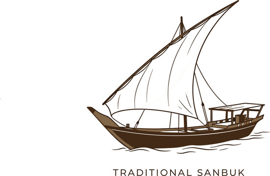 Traditional Arabian sanbuk dhow sailing ship hand drawn sketch vector illustration for Middle East maritime heritage or travel logo design