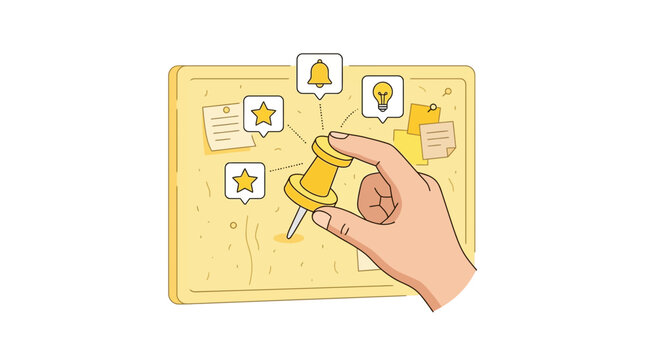 Hand pinning notification icon to a corkboard with ideas