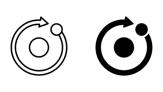 Atom Symbol Variations: Two graphic representations of an atom, one outlined and one solid black, depict a central nucleus orbited by electrons in a circular path with a directional arrow.