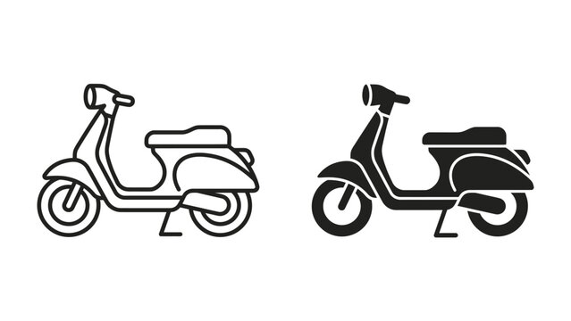 Scooter Icon Set: A clean and modern icon set featuring two scooters, one in outline and the other in silhouette, representing urban mobility and transportation.