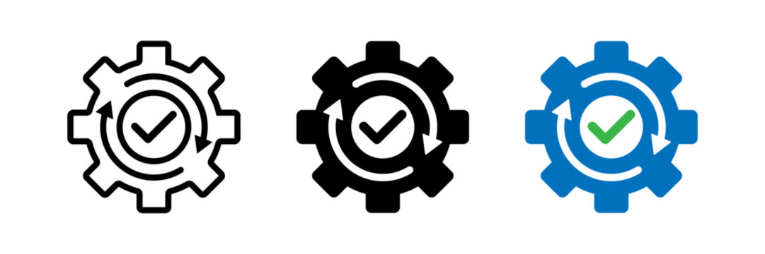 Workflow icon. Cogwheel gear, arrow and checkmark sign representing sync process, system update and automation symbol. Vector illustration and transparent PNG