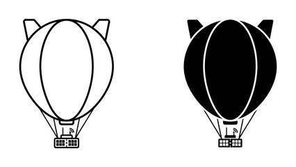 Blimp Icons: A set of two icons representing a blimp or airship, one in outline and the other as a solid silhouette, perfect for aviation or travel themes. © Mahbuba
