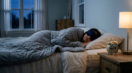 Fototapeta premium A recovery-focused bedroom setup with a person wearing a sleep mask under a weighted blanket, a silent bedside lamp, and an analog alarm clock turned away, gentle pre-dawn light.