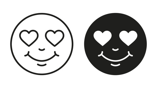 Heart Eyes Emoji Duo: Two iconic smiley faces, one outlined and one solid black, gaze lovingly with heart-shaped eyes, symbolizing infatuation and adoration.