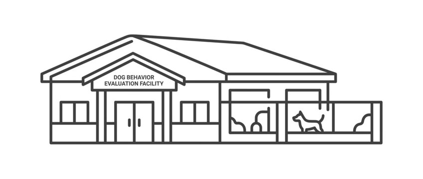 Line art illustration of a dog behavior evaluation facility building.