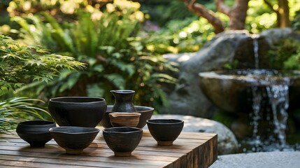 Fototapeta premium A serene arrangement of dark ceramic bowls and a small pitcher on a wooden platform beside a stone waterfall in a lush green garden