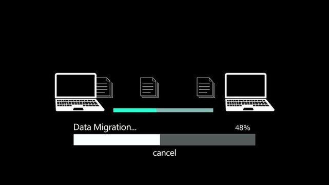 Data migration with animation of files transferring between two laptops with progress bar on a black background.
