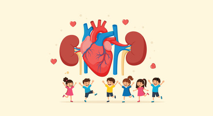Fototapeta premium Six diverse children jumping and playing in front of a large anatomical illustration of a human heart and kidneys.