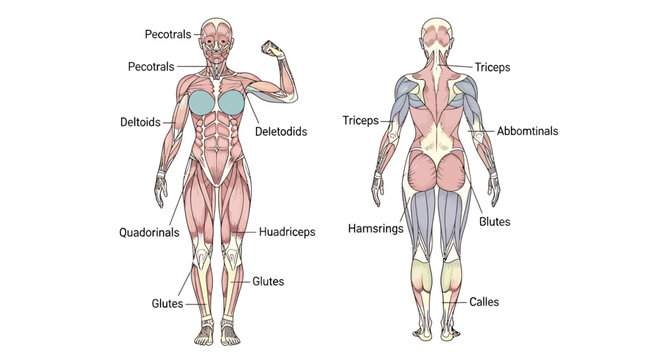 Diagram of the human muscular system showing front and back views of female muscles with labels.