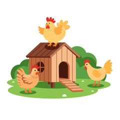 Farm hens and chicken coop vector illustration with rural poultry farming theme, featuring chickens, coop, and countryside background © Achmad