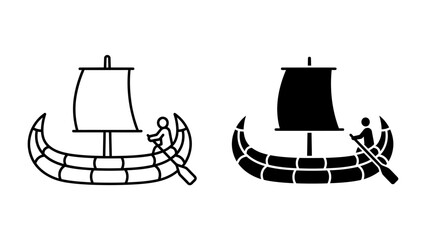 Ancient Voyage: A minimalist illustration depicts a traditional sailing vessel with a single rower, showcasing a historical mode of transport. © Md