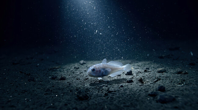 A small deep-sea snailfish hovers above dark sediment on an abyssal plain, lit by a submersible beam that reveals drifting particles, scattered pebbles, and the fish's translucent fins. High