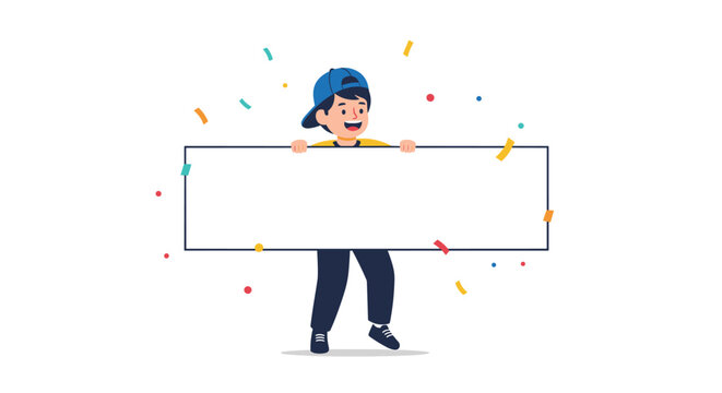 Cheerful boy wearing a backwards blue cap holding a large blank rectangular banner with colorful confetti floating in the air.