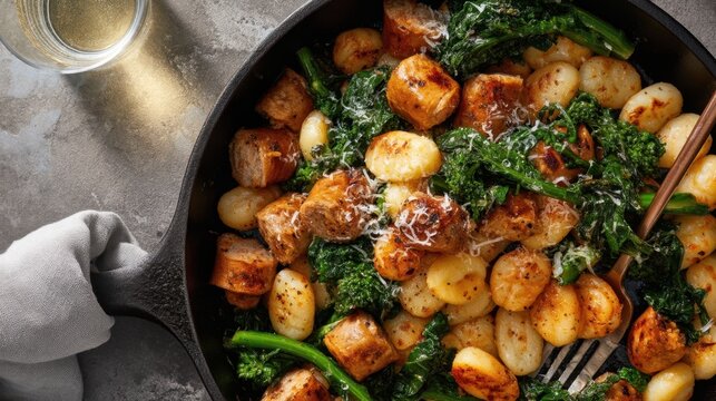 Skillet gnocchi with sausage and broccoli rabe in a cast iron pan for recipe, menu, food blog and rustic dinner background
