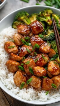 Slow cooker chicken teriyaki with broccoli served on white rice and topped with scallions for family dinner recipe card and menu design
