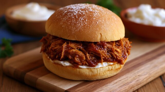 Pulled chicken sandwich with barbecue sauce on soft bun for slow cooker dinner sandwich menu photo and comfort food meal presentation