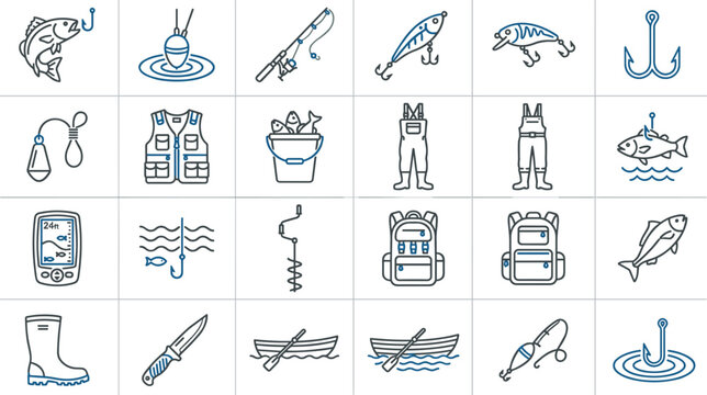 Professional fishing tackle line icons set featuring angling rod equipment hook boat vest backpack lure fish catch