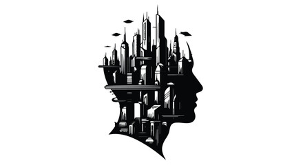 Fototapeta premium Head silhouette encompassing a dense urban cityscape highlights the complex relationship between human consciousness and the modern metropolitan environment.