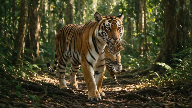 A mother tiger carrying her small cub gently in her mouth through a dense green jungle path
