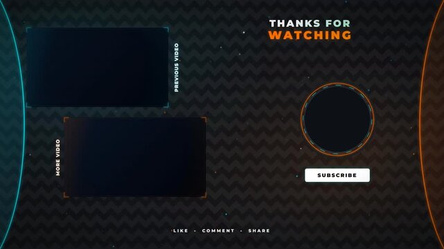 Animated dark chevron end screen template for video content with glowing neon elements and call to action